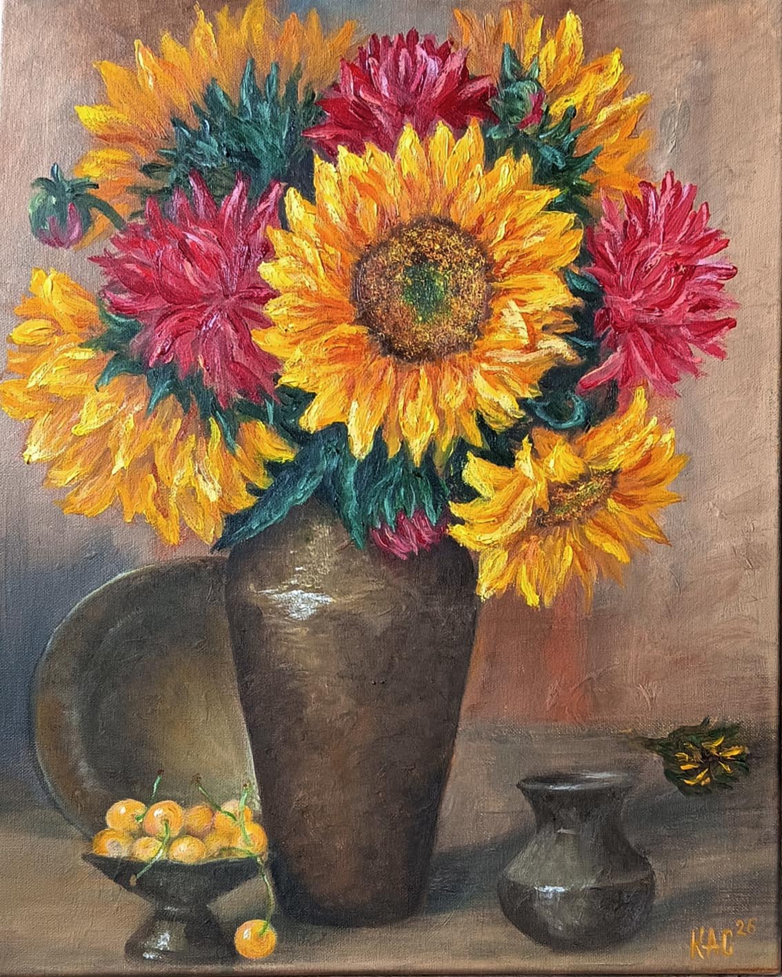 Still life oil painting on canvas featuring vibrant yellow sunflowers, red dahlias, and fresh white cherries in a brown vase.