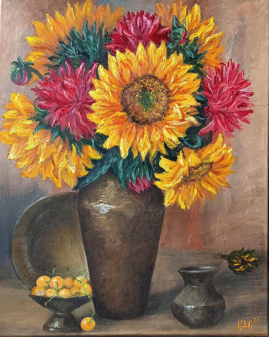 Still life oil painting on canvas featuring vibrant yellow sunflowers, red dahlias, and fresh white cherries in a brown vase.