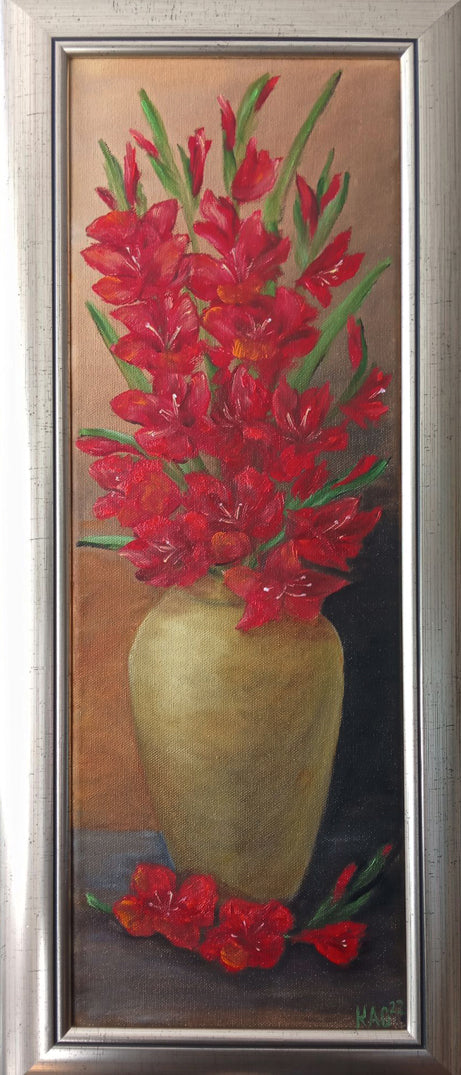 Red-Gladiolus-in-Gilt-Vase-Original-Hand-Painted-Oil-Painting-framed-still-life-on-canvas-for sale-by-artist