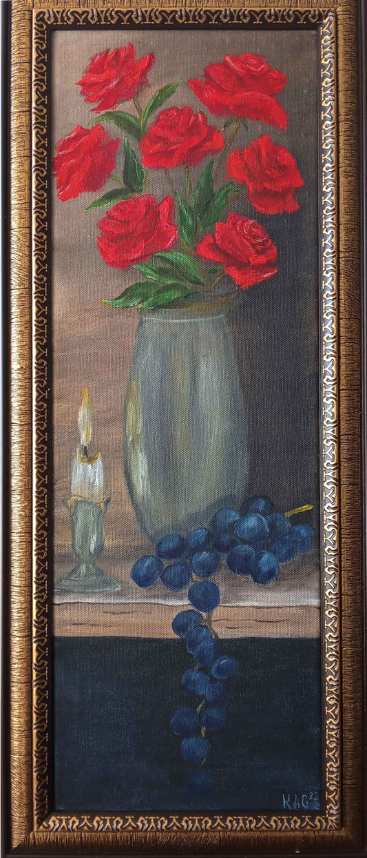 Red-roses-rose-silver-vase-grapes-lit-candle-Oil-Painting-still-life