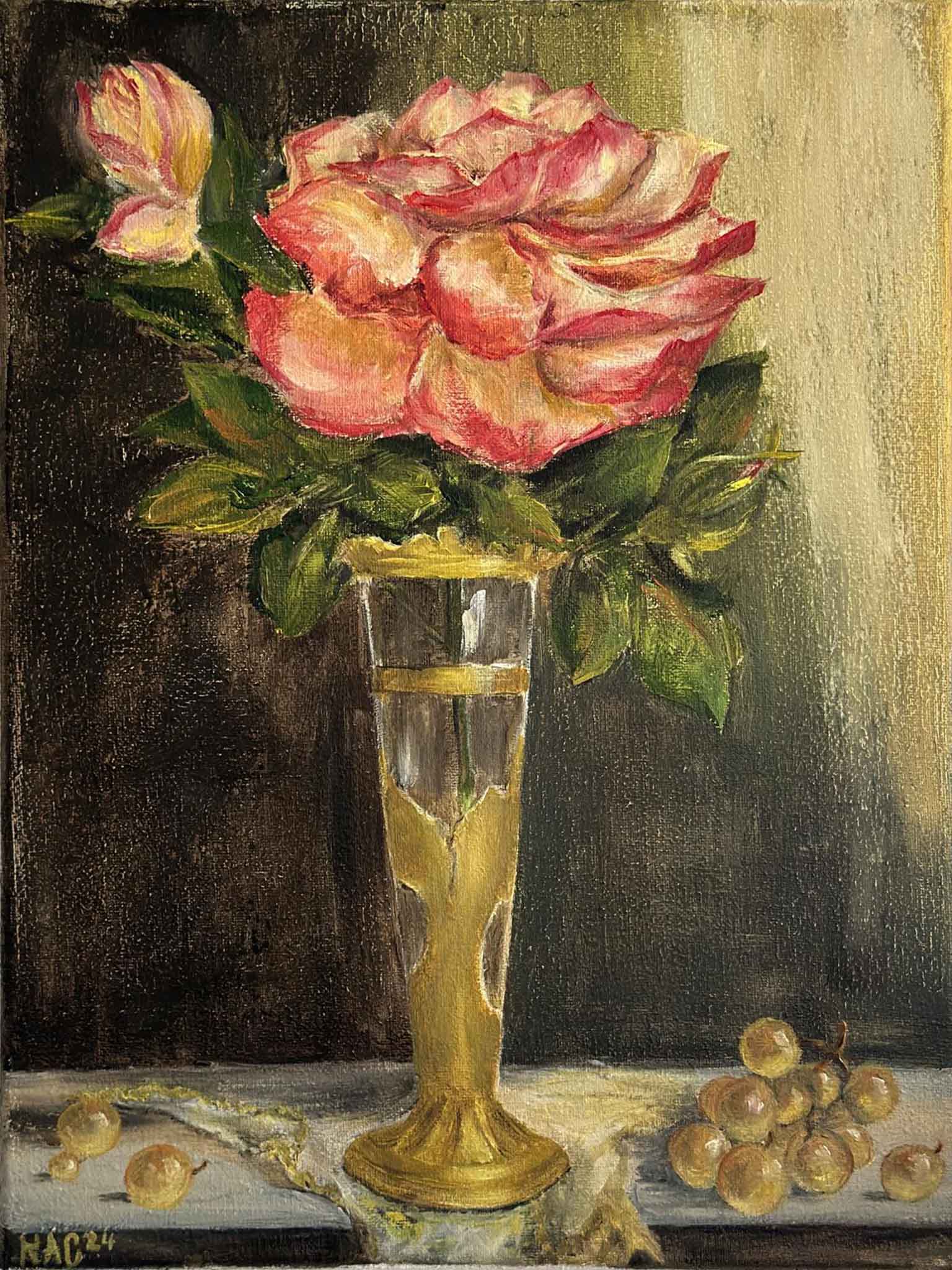 Rose-Orient-Express-Roses-Yellow-pink-vase-with-gold-ornaments-Original-Hand-Painted-Oil-Painting-still-life-on-canvas-for-sale-by-artist