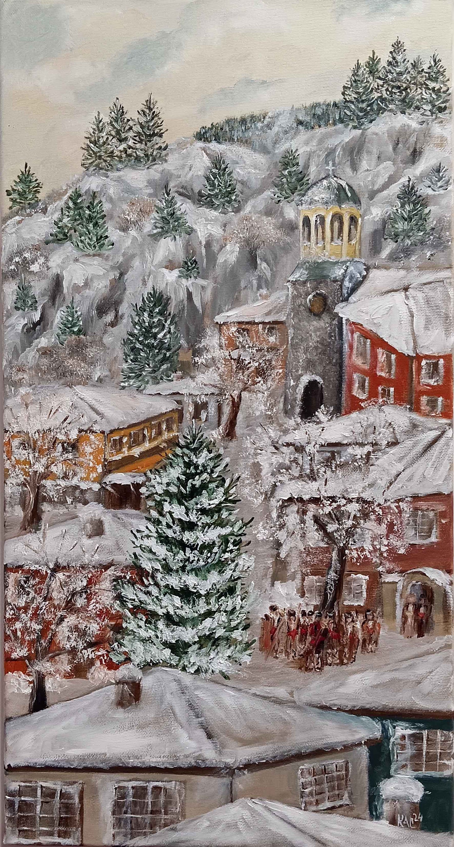 Snowy_Christmas-winter-city-village-mountain-forest-snow-snowy_streets-trees-fir_trees-Christian_church-carolers-painting-oil_paints-original-Christmas-Merry_Christmas-hand_painted-Christmas_holidays