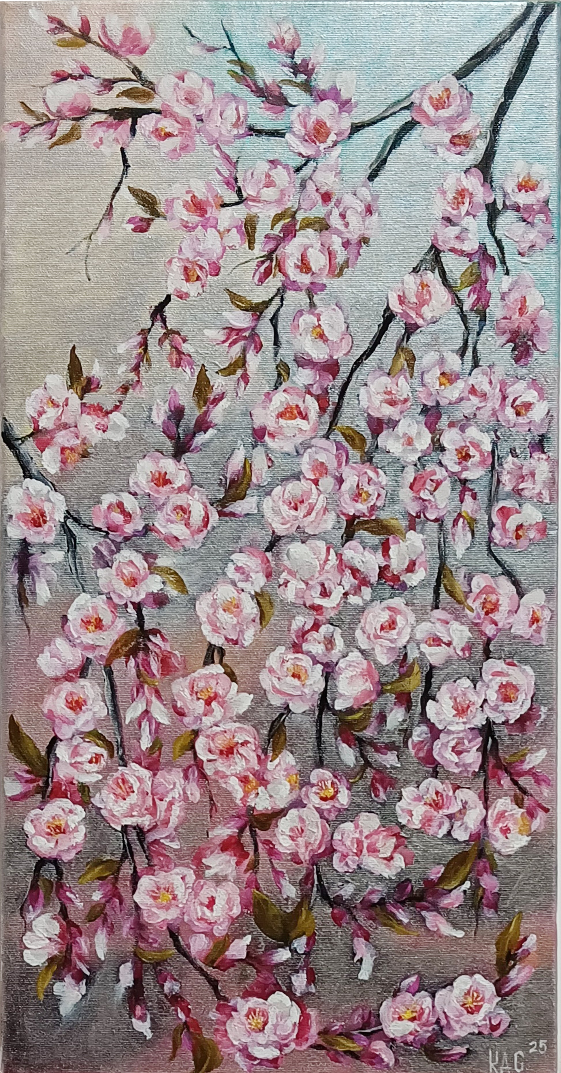 Painting of cherry blossoms on a textured surface