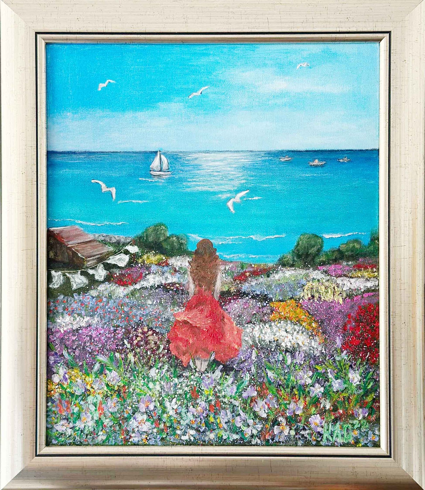 The-Fisherman's-Daughter-summer-seascape-with-flowers-sea-canvaswalk-eagulls, fishing-home-girl-redgown-gardens-colorful-shore-Original-Hand-Painted-Oil-Painting-still-life-on-canvas-for-sale-by-artist