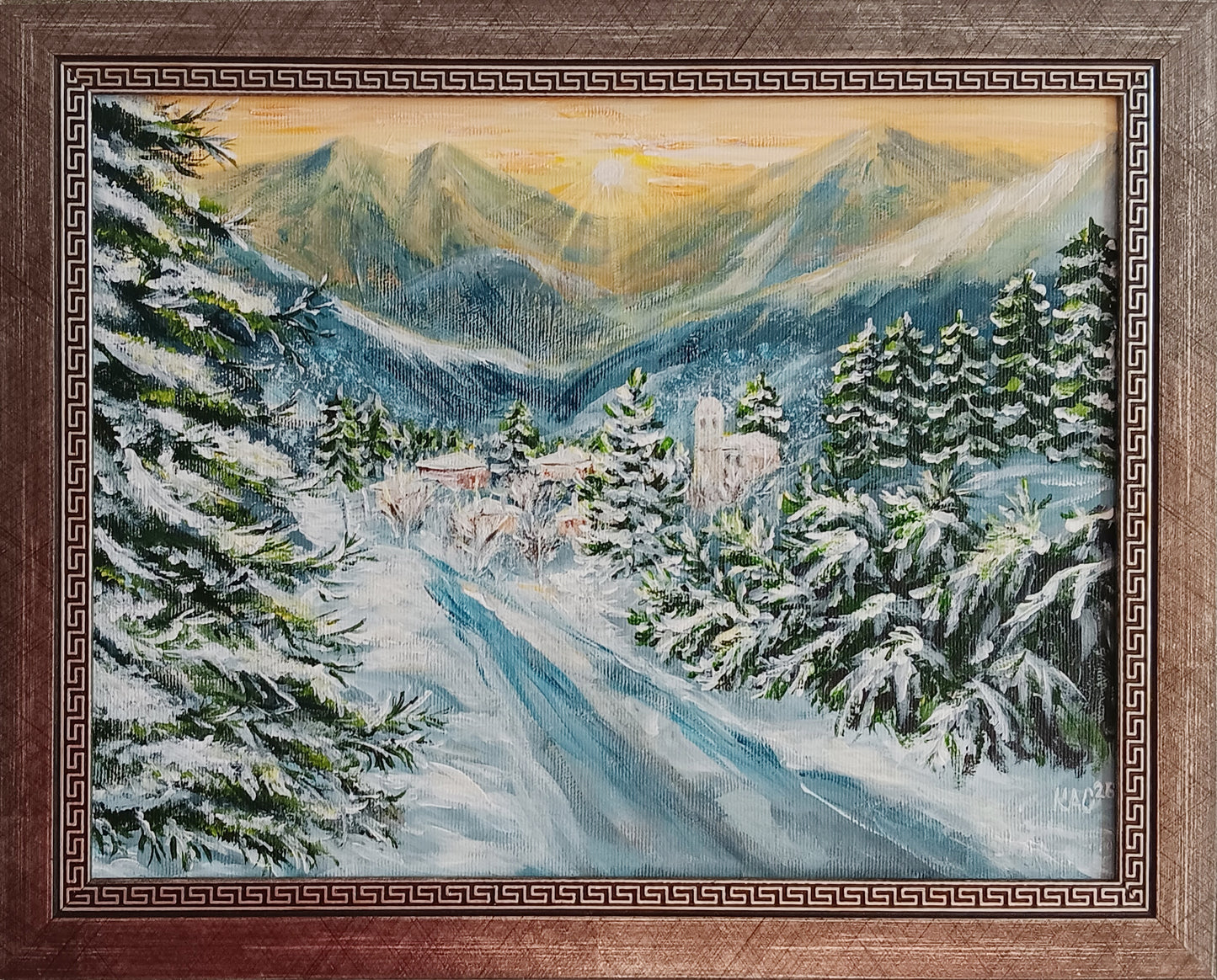 Hand-painted oil landscape of a snowy mountain village at sunrise, golden light hitting trees and peaks, 35x27 cm by Krasimira Staleva.