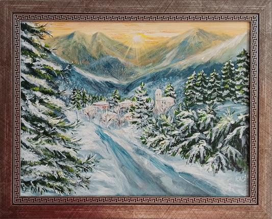 Hand-painted oil landscape of a snowy mountain village at sunrise, golden light hitting trees and peaks, 35x27 cm by Krasimira Staleva.