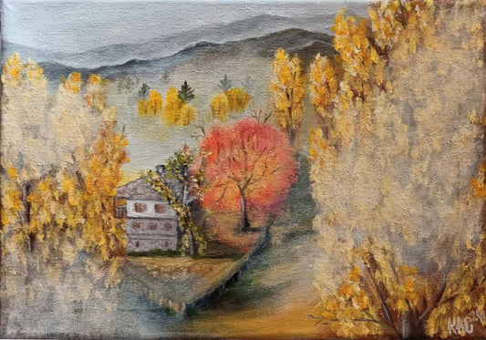 House-Maple-sycamore-tree-poplars-landscape-autumn-fog-mountains-forest-yard-fence-oil_painting-original-hand_painted-original