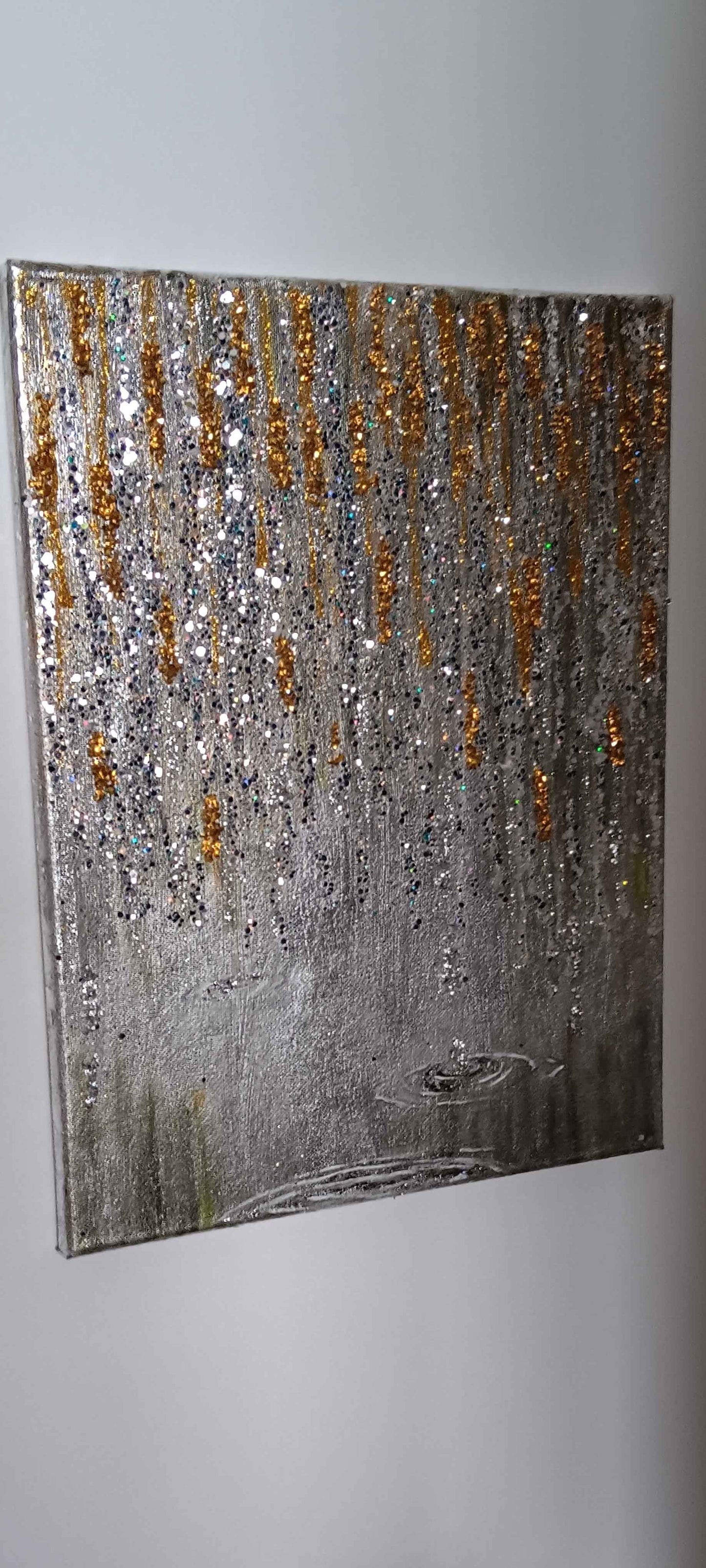 Original abstract painting titled Touch with gold leaf, glitter and glass crystals on canvas."