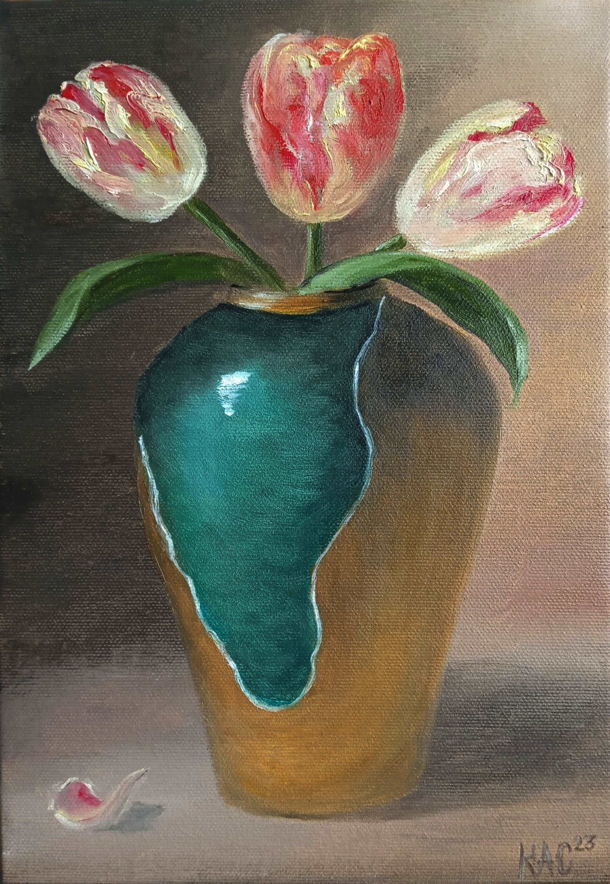 TOil painting of three vibrant tulips in a gold and turquoise vase, featuring rich metallic textures and soft floral petals against a warm brown background. Framed in a classic gold and grey frame, 2023 artwork.
