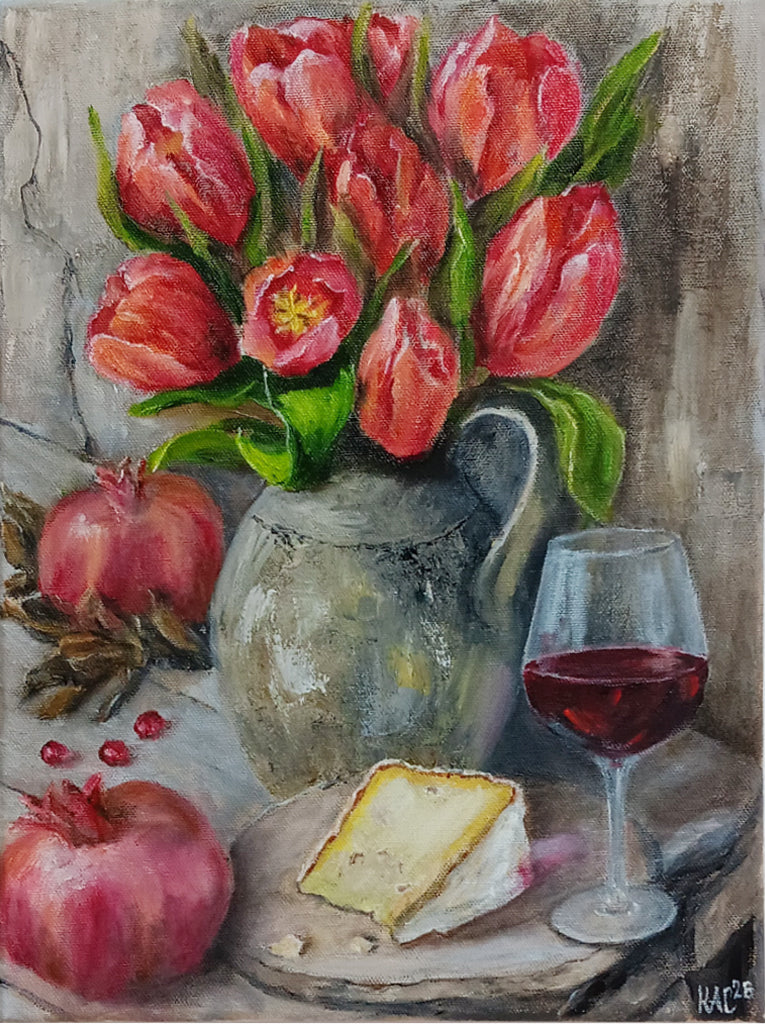 Still life oil painting by KAC featuring red tulips in a vase, a glass of wine, and a pomegranate on stretched canvas 30x40 cm.