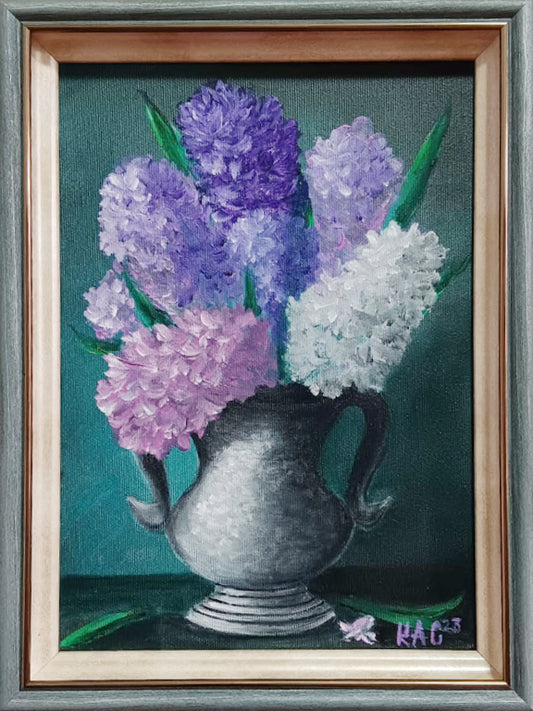 Hand-painted oil painting of purple and blue hyacinths in a vase, professional floral still life on canvas with visible brushstrokes.