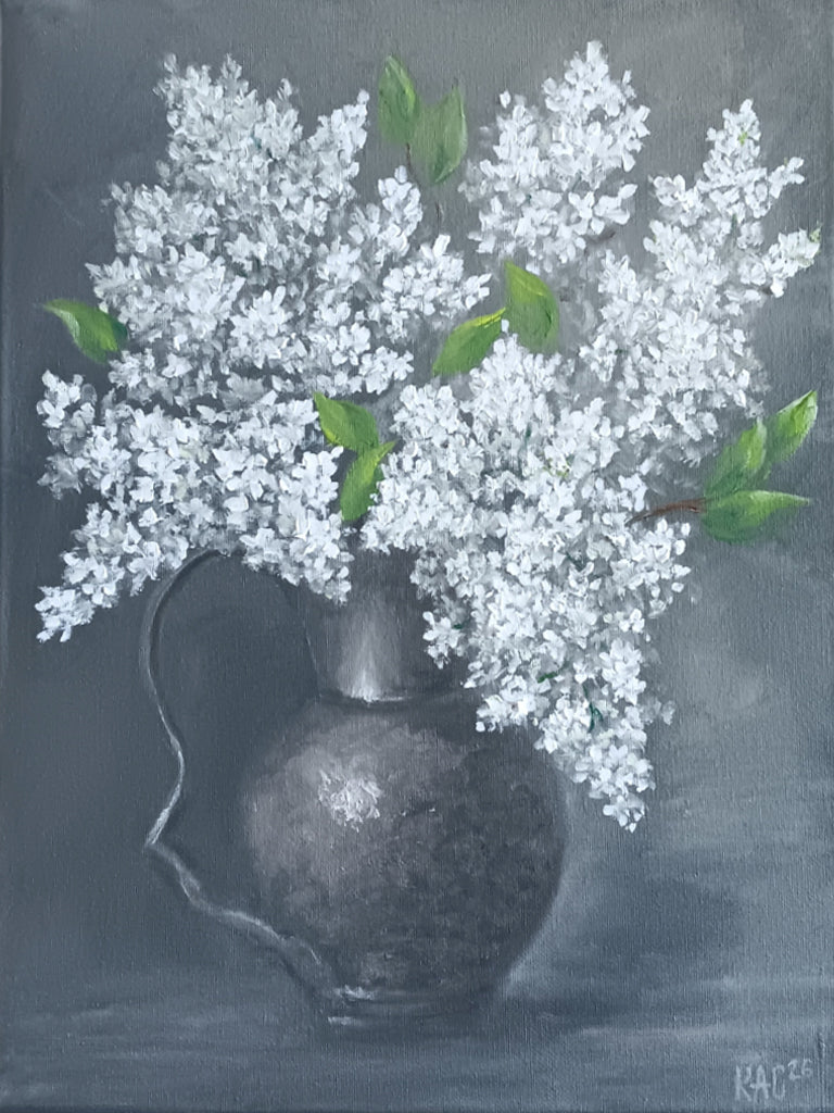 Original oil painting of a lush bouquet of white lilacs in a dark metallic pitcher against a moody grey background, 30x40 cm, signed by the artist.