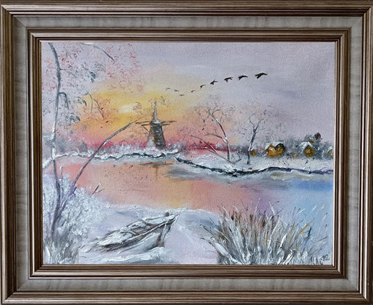 winter_sunset-winter-sunset-lake-boat-windmill-village-forest-wild_ducks-snow-oil_paints-picture-painting-Krasimira_Staleva-KAС-Красимира_Сталева