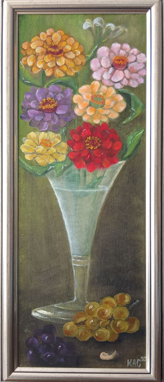 Bouquet of Zinnias in a Glass and Grapes - Original and unique still life oil on canvas on canvas