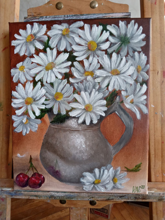 Daisies and Cherries - original hand-painted oil painting