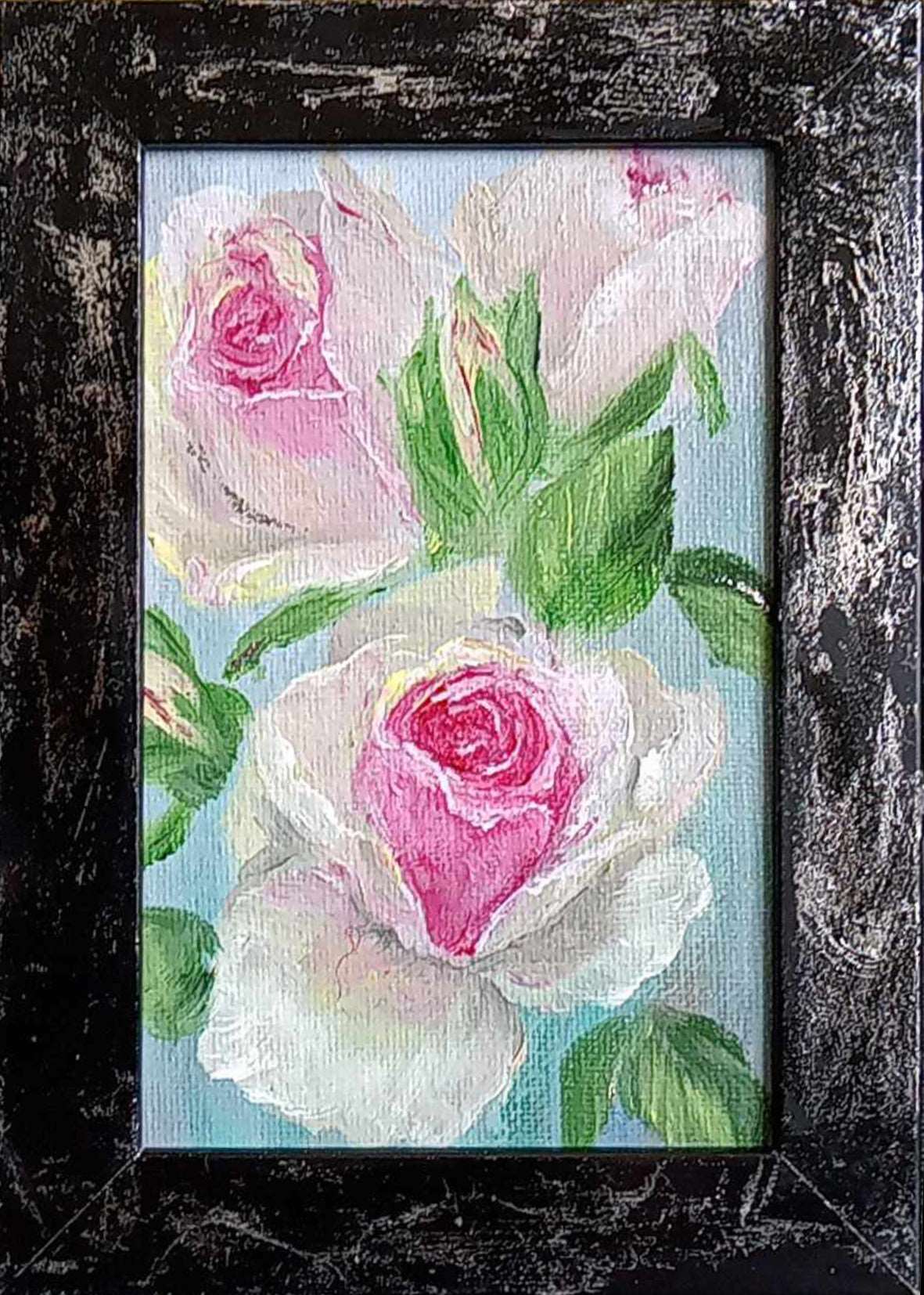 Tea roses - Miniature - Original and unique oil painting with gilding