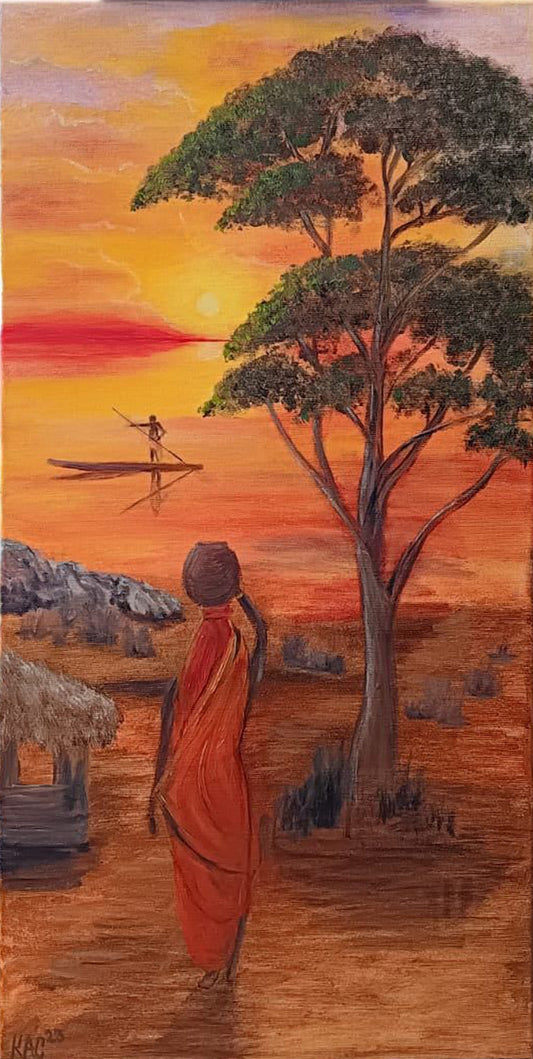 African Crimson Sunset - original and unique oil painting