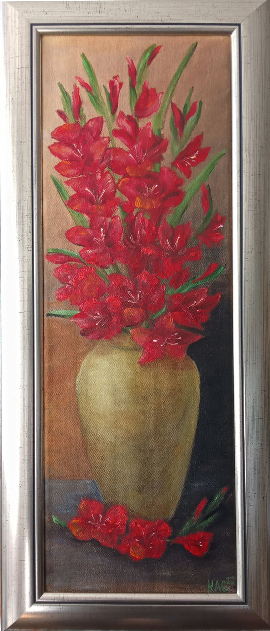Crimson Gladiolus in a Gilded Vase-Summer Floral Composition, Original and Unique Oil Painting on Canvas