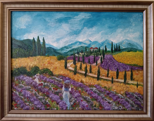 A summer walk through the colorful tapestries of the fields of Tuscany - Original and unique oil painting on canvas