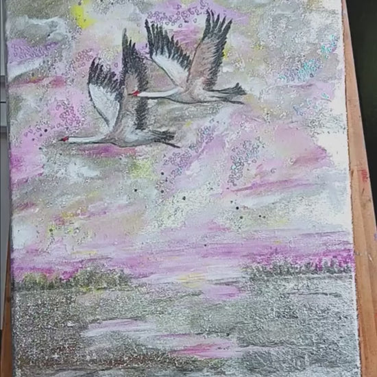 Cranes - Eternal Love" captures lifelong devotion and divine power through pink clouds, gold leaf, and shimmering rain.