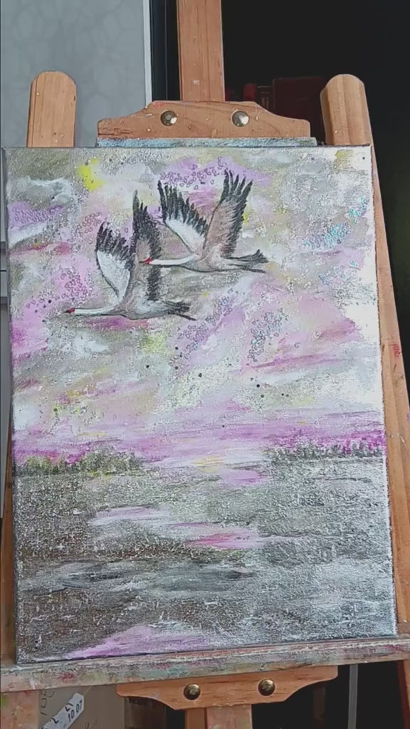 Cranes - Eternal Love" captures lifelong devotion and divine power through pink clouds, gold leaf, and shimmering rain.