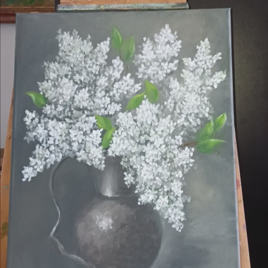 White Lilacs Painting - Original Floral Oil on Canvas Fine Art 2026 -Original oil painting of a lush bouquet of white lilacs in a dark metallic pitcher against a moody grey background, 30x40 cm, signed by the artist.
