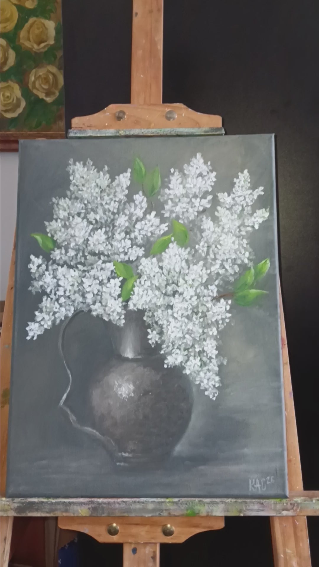 White Lilacs Painting - Original Floral Oil on Canvas Fine Art 2026 -Original oil painting of a lush bouquet of white lilacs in a dark metallic pitcher against a moody grey background, 30x40 cm, signed by the artist.
