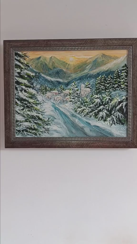 Detailed oil painting of a snowy mountain village at sunrise, golden light hitting evergreen trees and peaks, hand-painted by Krasimira Staleva, 35x27 cm.