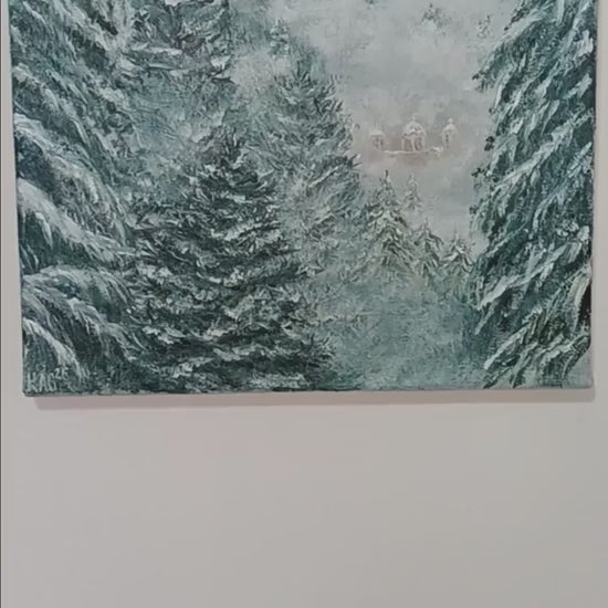 Oil painting of a misty winter forest with snow-covered pine trees and a distant, glowing Orthodox church appearing through the fog in soft blue and grey tones.