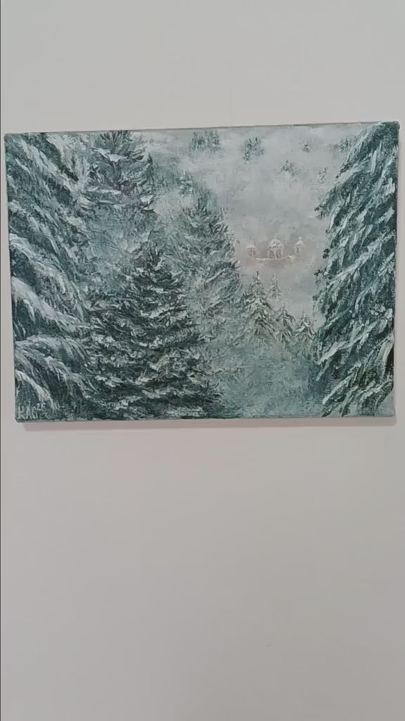 Oil painting of a misty winter forest with snow-covered pine trees and a distant, glowing Orthodox church appearing through the fog in soft blue and grey tones.